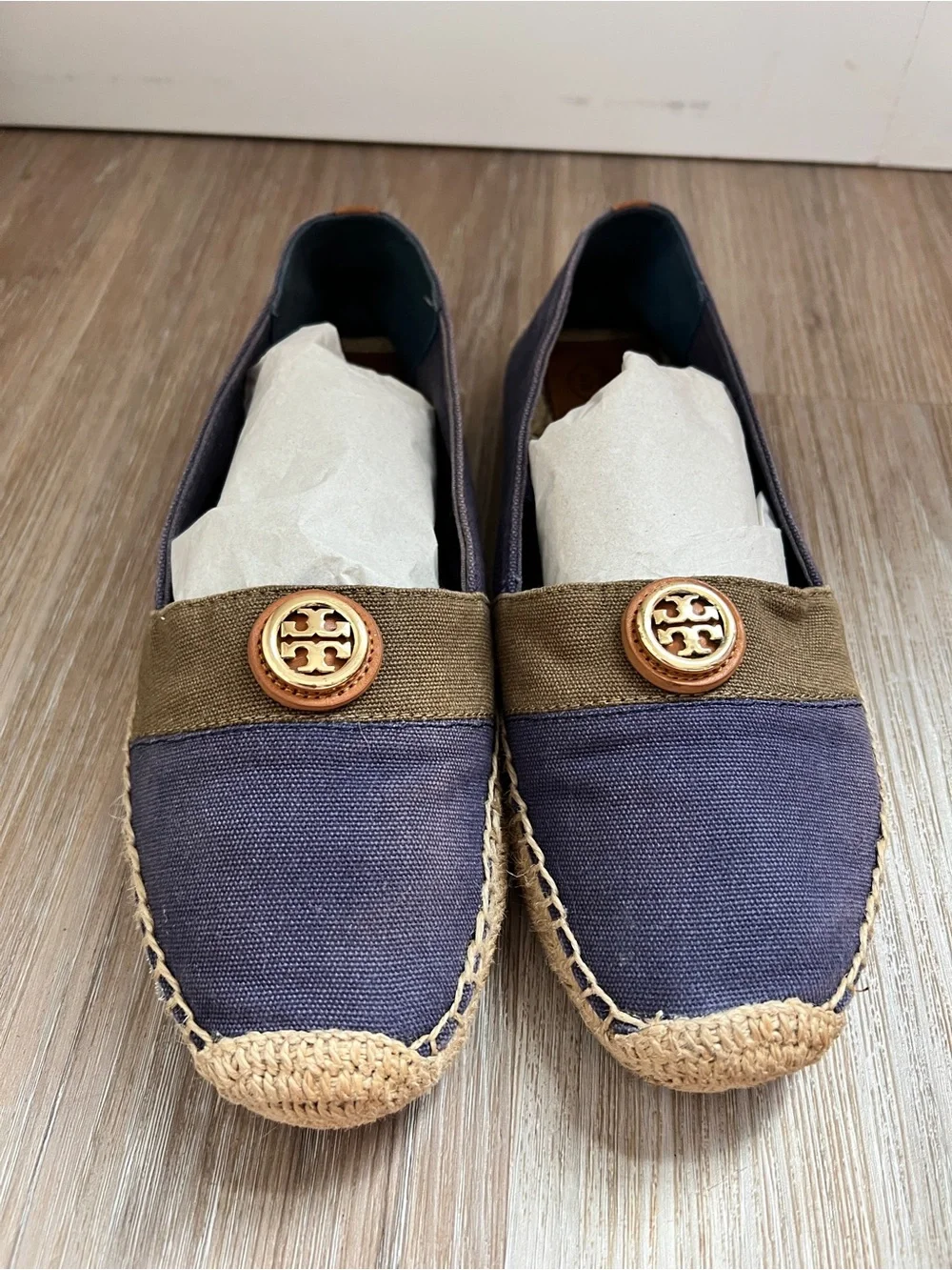 Tory Burch Canvas Espadrille Flats Navy Blue Logo Slip On Shoes Women’s 10